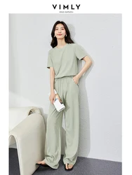 VIMLY Women's Casual Solid Short Sleeve Two Piece Tracksuit Summer Loose O-neck Top Blouse+Wide-leg Pants Set Women's Sportswear