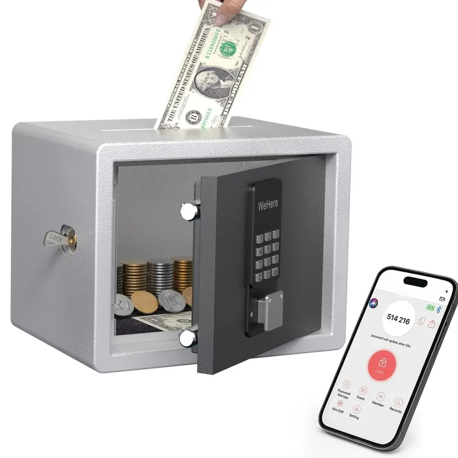 

Safe Box with Smart Keypad Lock, Small Cash Drop Box, App OneTime Password Fixed Code Spare Key Unlock, Safe Cabinet for Home, O