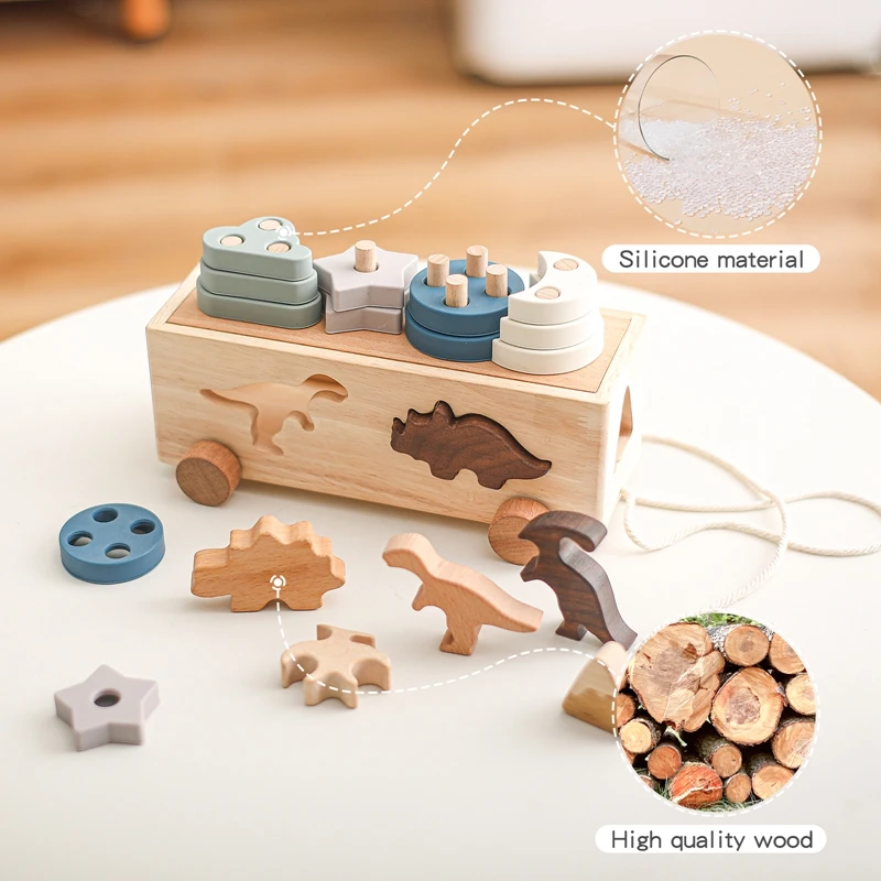 Kinderen Houten Dinosaurus Intelligentie Auto Speelgoed Baby Stapelen Multifunctionele Vorm Cognitief Speelgoed Baby Montessori Onderwijs Speelgoed Cadeau