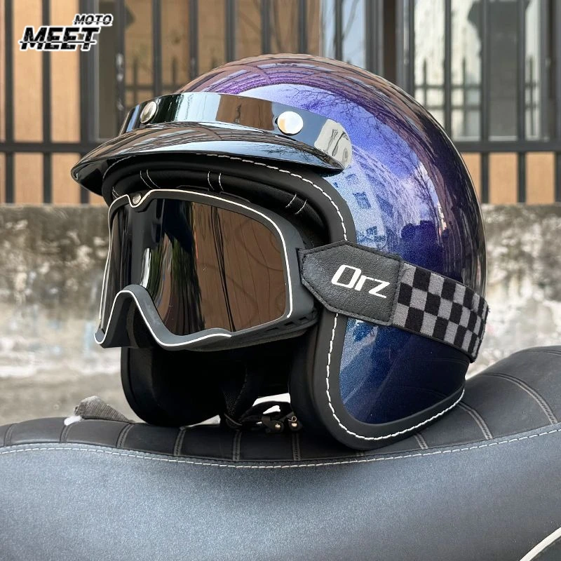 ORZ Retro Half Open Motorcycle Helmet Retro Cruising 3/4 Couple Helmet Coffee Shop Motorcycle Hat Cascos Para Motos