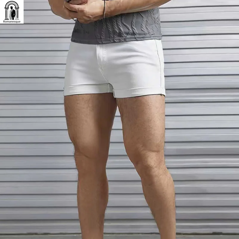 Men's Sexy Slim Fit White Denim Shorts, Rolled Cuff, Stretchy Skinny Jeans Shorts, Casual Summer Short Pants for Men