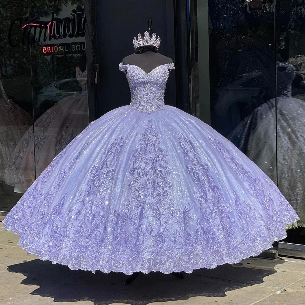 Glittering Lavender Off-Shoulder Princess Quinceanera Dresses Vestidos De 15 Anos Lace Beading Ball Gown Birthday Party Gowns