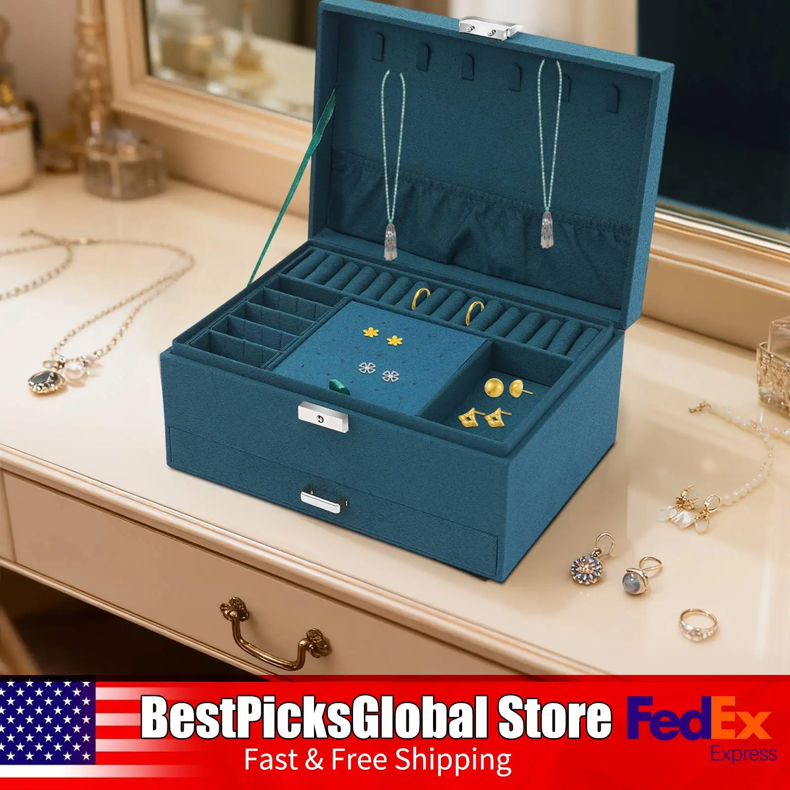 

3-слойная шкатулка для драгоценностей темно-зеленого цвета, большая емкость, серьги, браслеты, органайзер для часов, чехол с ключом для спальни, общежития