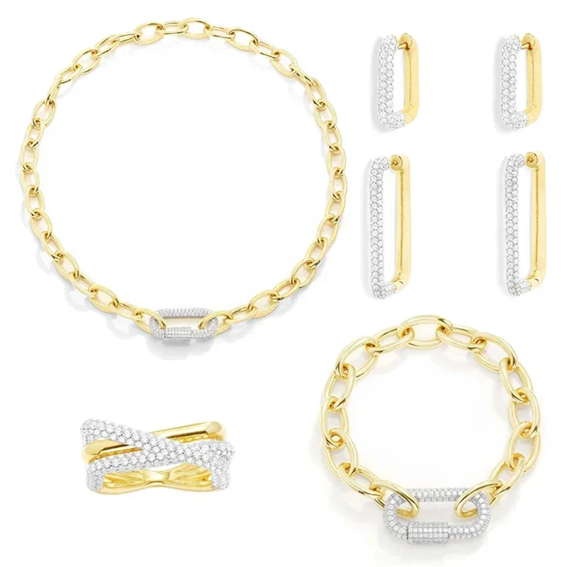 

Komm 925 Sterling Silver Golden U-Shaped Chain Link Ring Earrings Bracelet Necklace Women Rock Punk Advanced Design Jewelry Gift