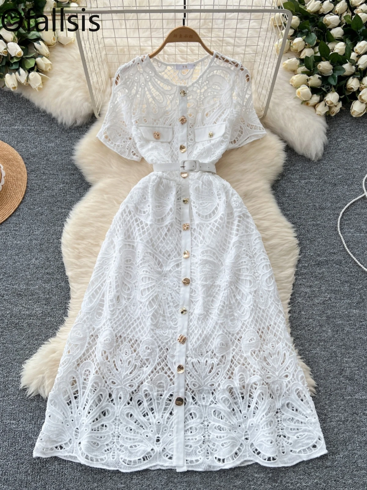 Ofallsis French Style Fashionable Elegant Dress 2024 Summer New High end Hollowed Out Lace Metal Buckle Waist Slim Long Dresses