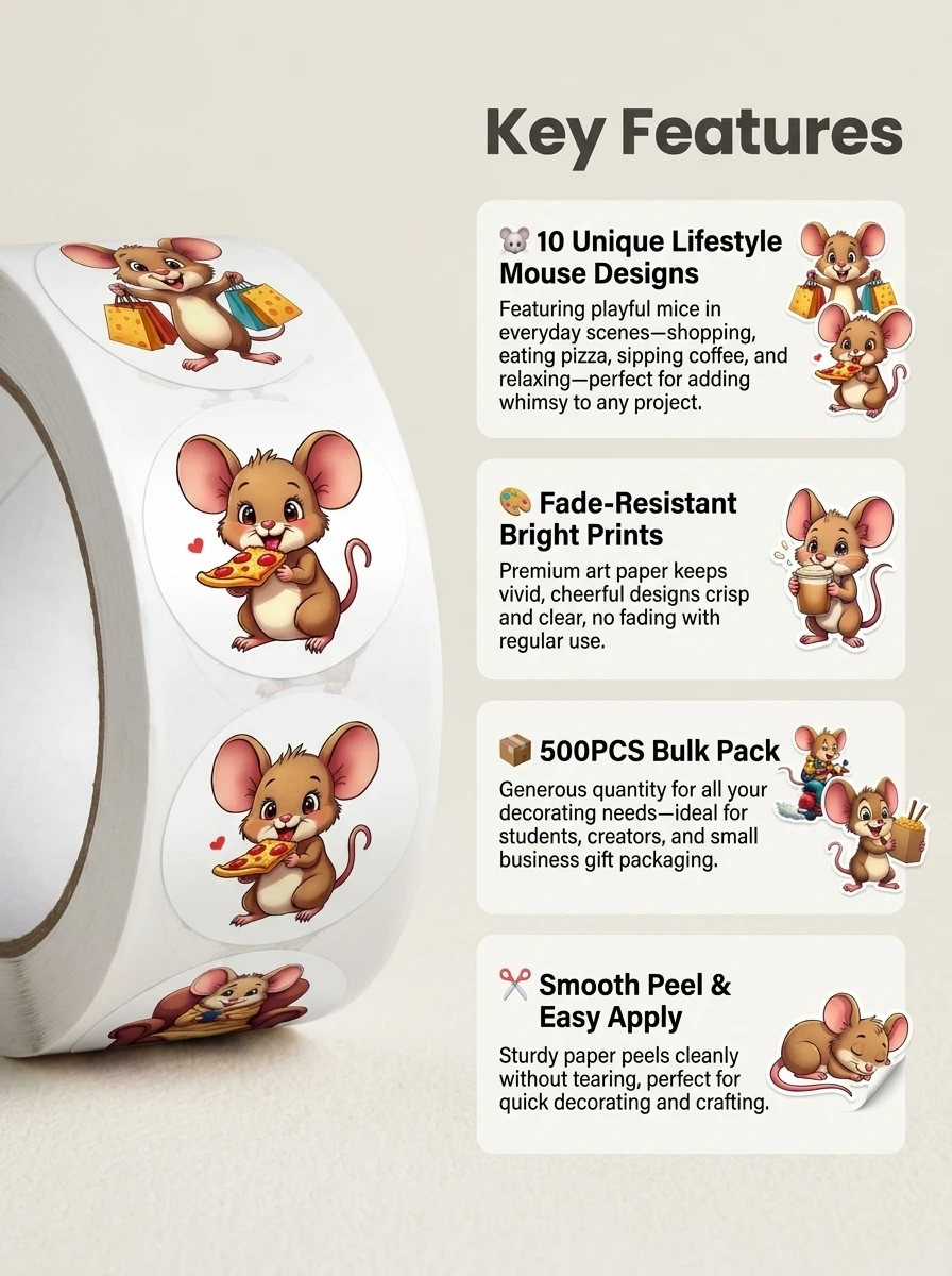 1Roll(500Pcs) Cute City Mouse Happy Life Stickers 2.5cm/1.0