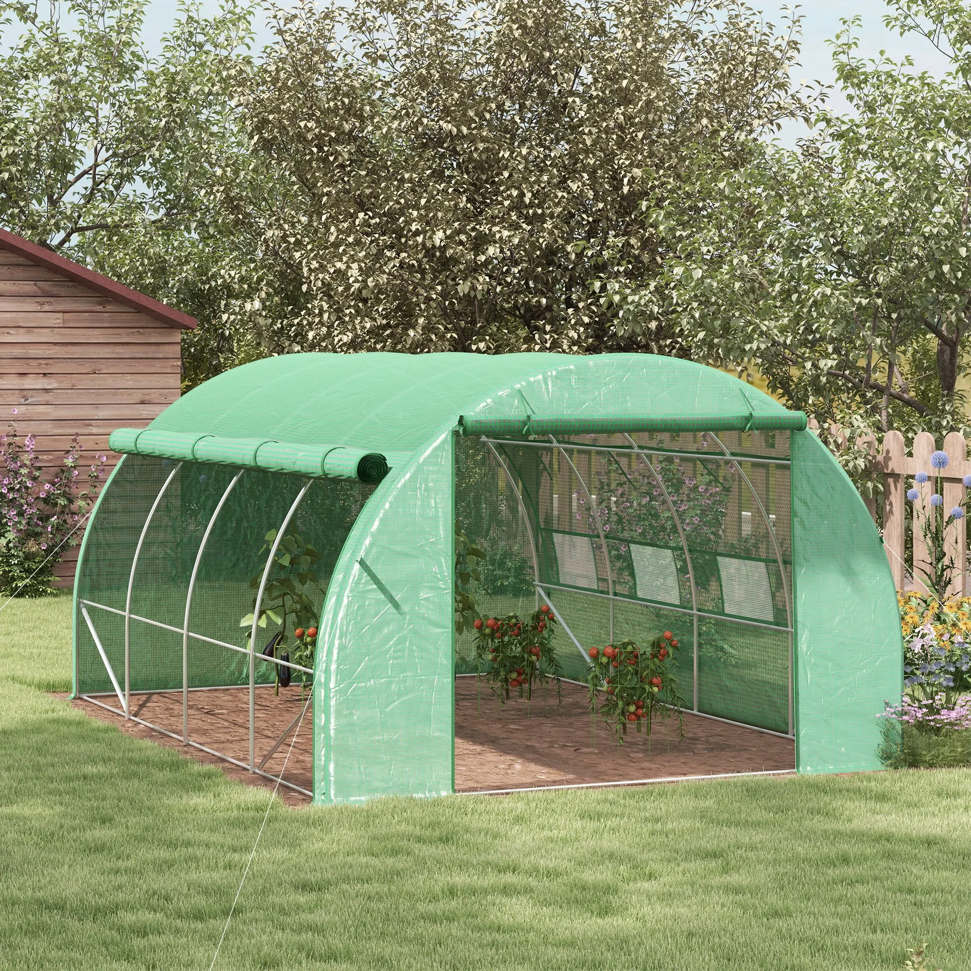 Outsunny Foliengewächshaus Polytunnel 3,97 x 3 x 2 m Abdeckungen aufrollbar Grün