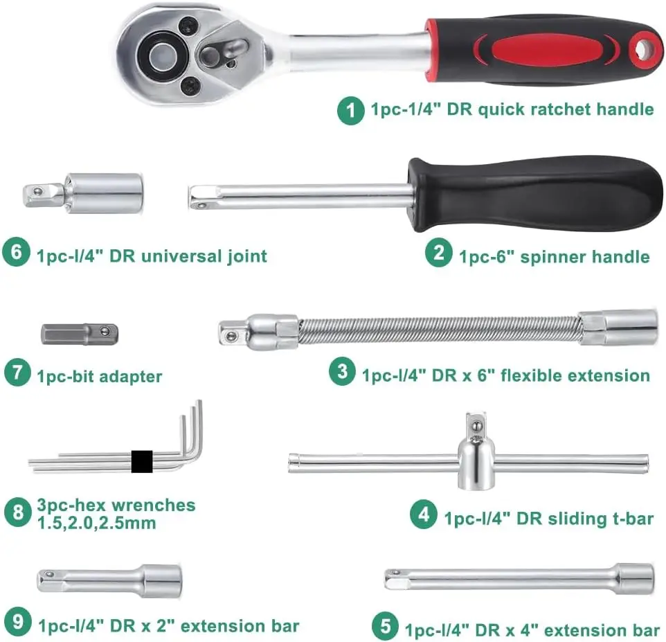 46pcs 1/4-Inch Socket Set Combo Ratchet Torque Wrench Spanner Screwdriver Sturdy Durable for Bicycle Auto Repairing Tool