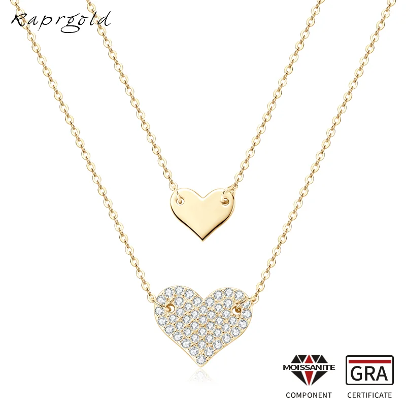 

RAPRGOLD GRA Certified Moissanite Heart Pendant Necklaces for Women Solid 925 Sterling Silver Double Chains Wedding Jewelry Gift