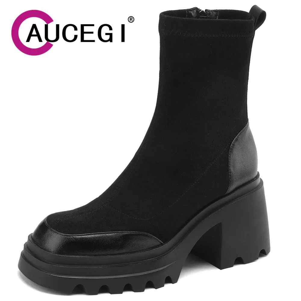 Aucegi Vintage Brown Black Women Ankle Boots Fashion Elegant Square Toe Zipper Autumn Winter Thick High Heel Versatile Shoes