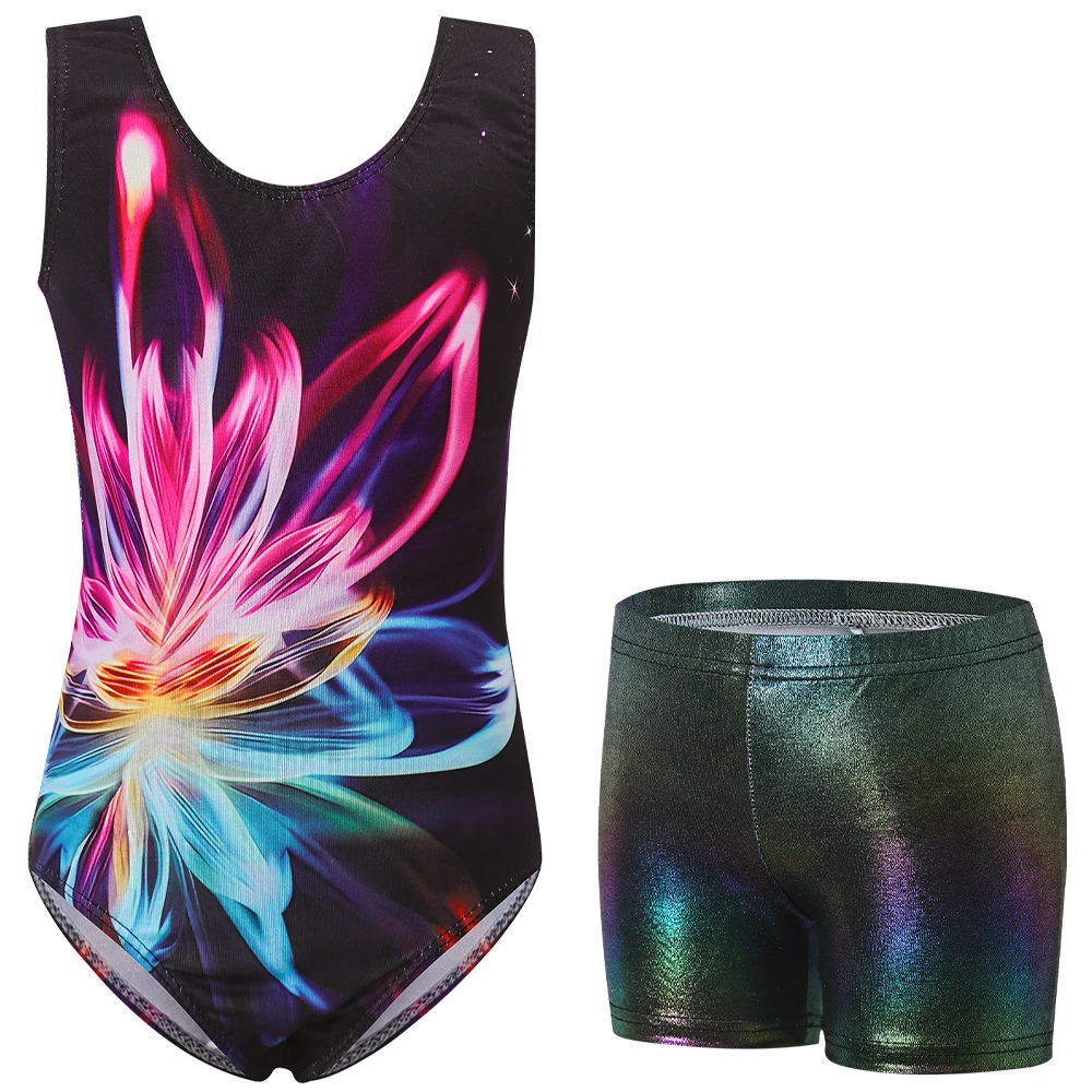 Trykoty gimnastyczne dla dziewczynek, błyszczące body baletowe, trykoty z krótkimi spodenkami, odzież sportowa, body do akrobatyki.