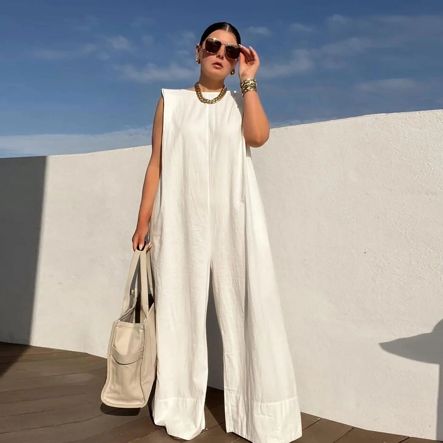 Wide Leg Jumpsuit for Women, Casual Solid Color, White