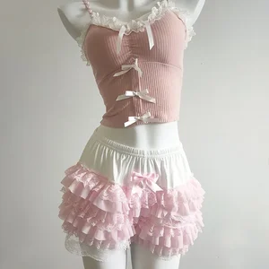 Multicamed Siedlungsshorts im Lolita -Stil für Frauen, süße Spitzenshorts, Blumenbänder, elastische Taille, süße Mädchen, Kawaii -Kleidung 9 Hauptverkäufe kurz Florido Female - №4