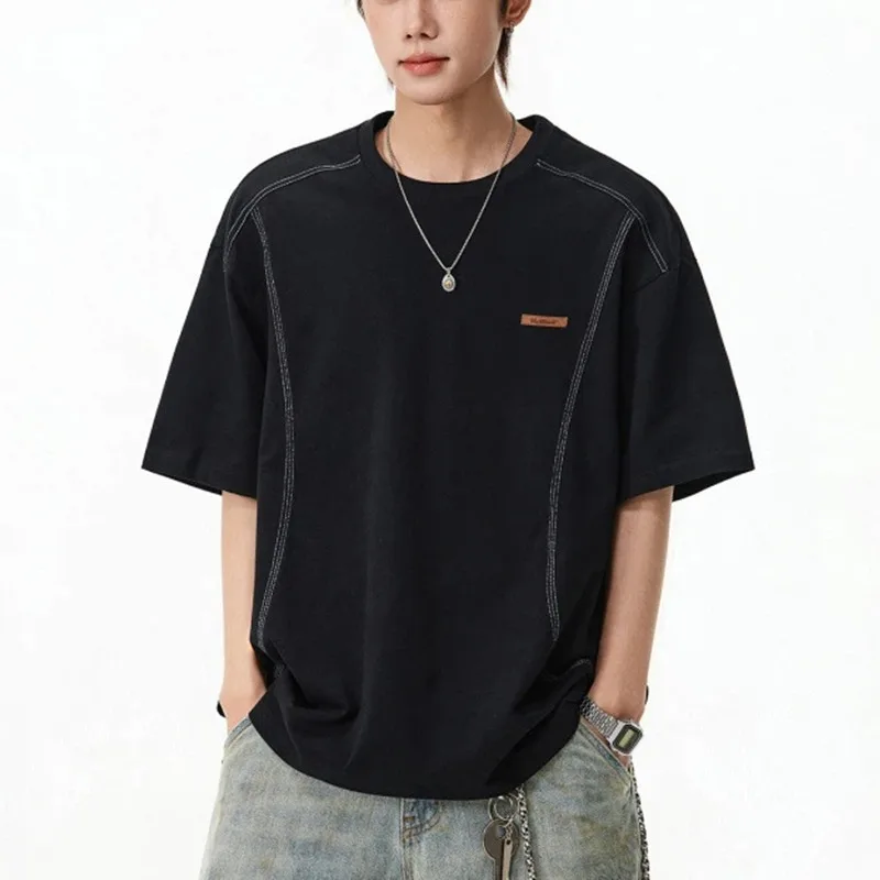 Mens Crew Neck Contrast Stitch Small Leather Label Oversized Short Sleeve T Shirt