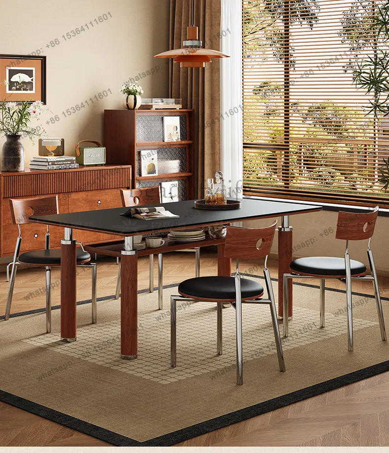 Solid wood rock slab dining table and chair combination household antique stainless steel retro rectangular dining table