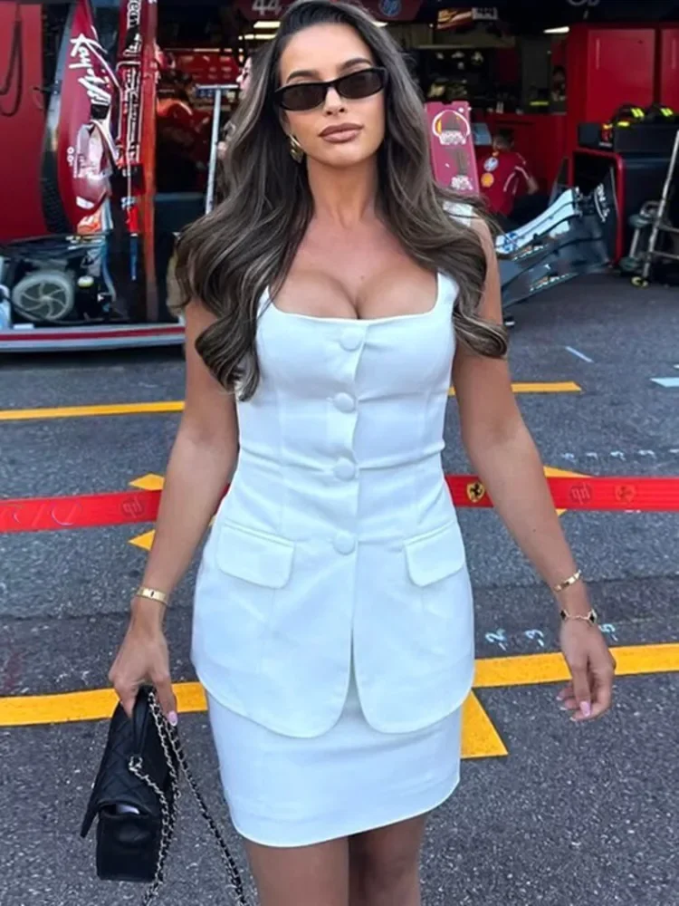 

2025 New Skirt Two Piece Set Women Sleeveless Single-breasted Tank Top And Mini Skirt Matching Sets Female Dress Set