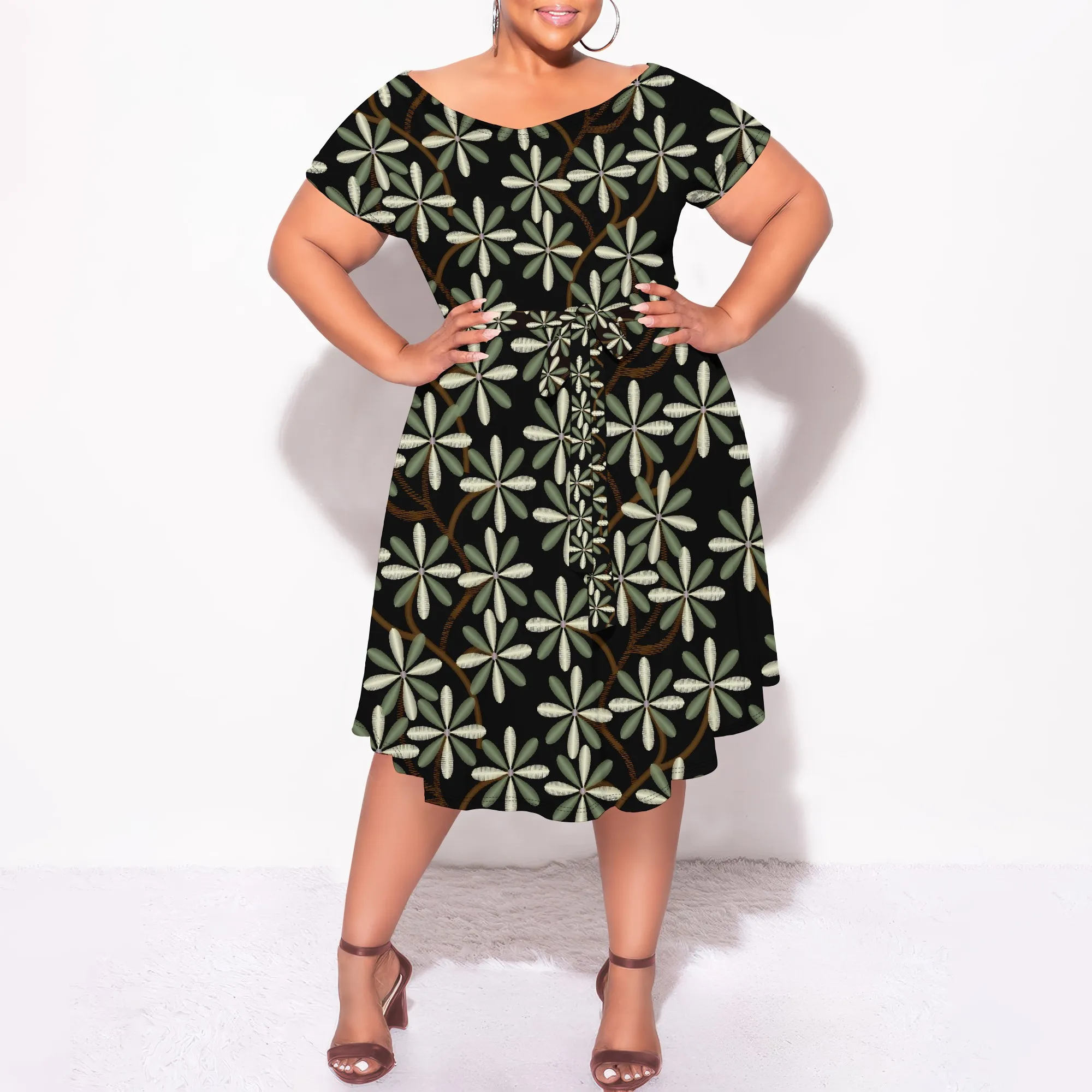 

Nupusa Floral Pattern Dress for Women Plus Size Summer Casual Off - Shoulder Short Sleeve Dress