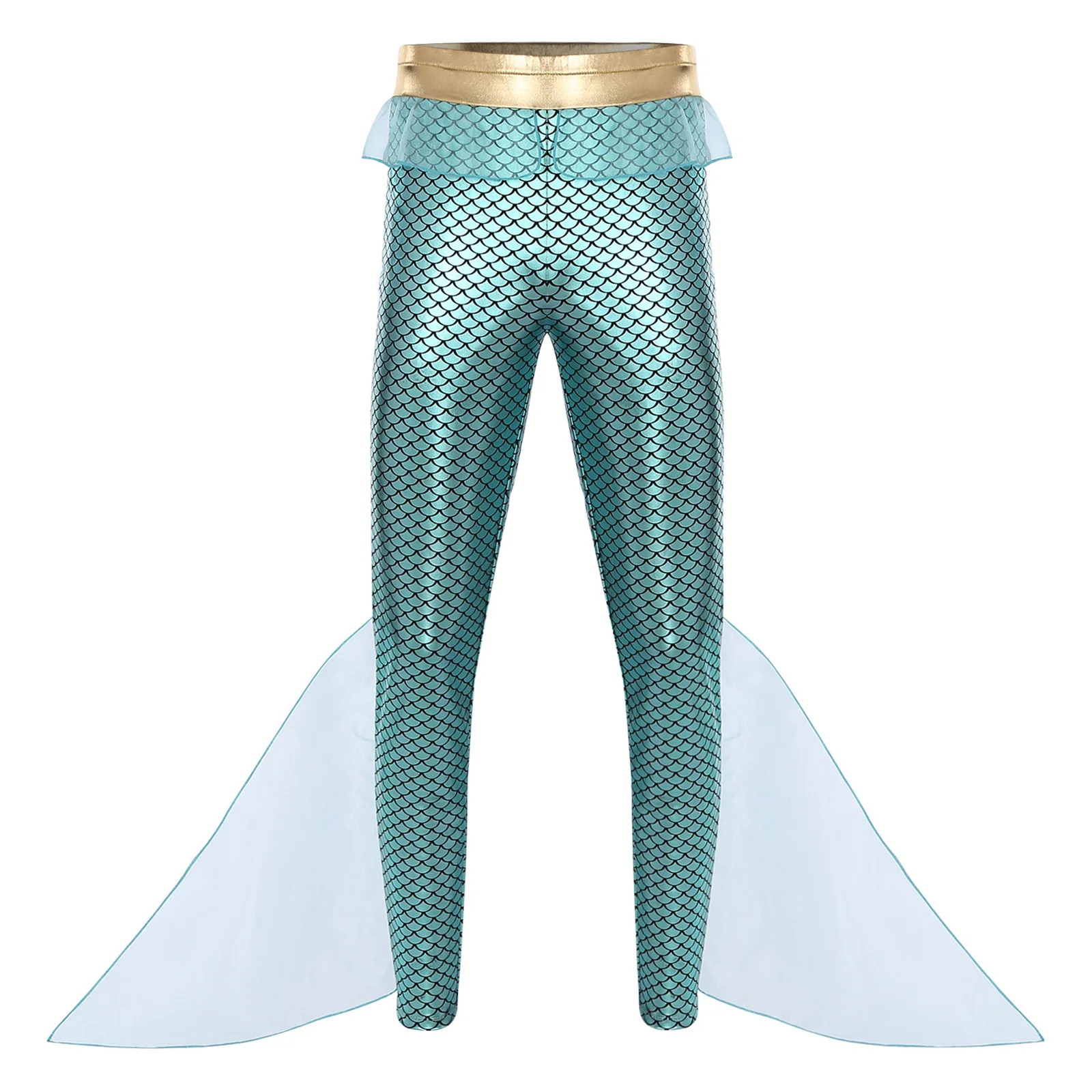 Mens Mermaid Seas King Costume Cosplay Mermaid Fish Scale Print Leggings Halloween Cosplay Outfit Metallic Shiny collant Pants