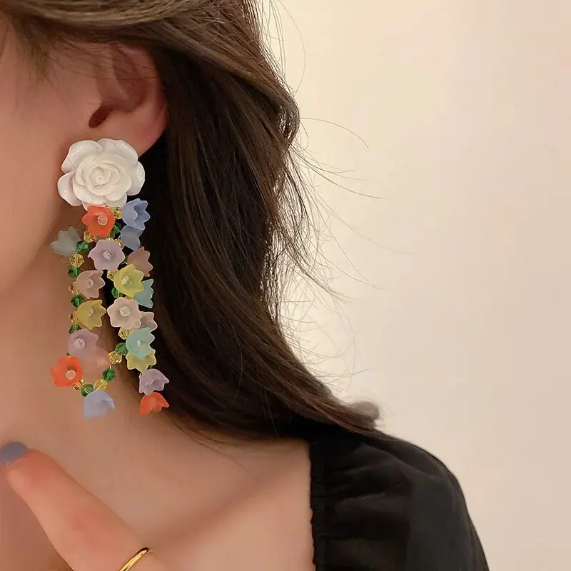 Multicolor Crystal Earrings For Women Exquisite Flower Long Tassel Earrings Heart Drop Earrings Girls Temperament Jewelry