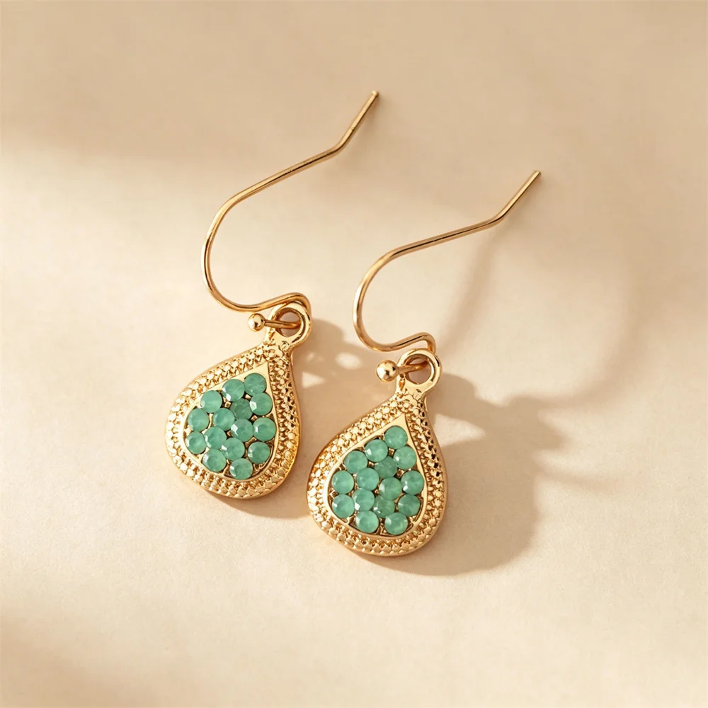 Gold Silver Color Teardrop Dangle Hook Earrings Vintage Textured Frame Full Paved Mint Green Rhinestone Water Drop Earrings