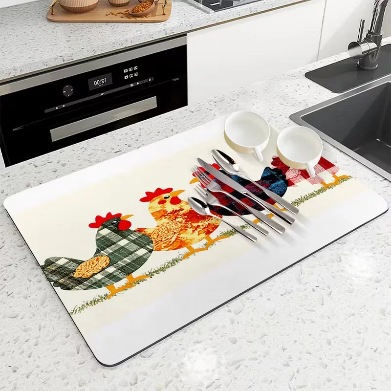 Plaid Patchwork Rooster Chicken Drying Mat Non-Slip Kitchen Counter Pad Farmhouse Country Animal Print Sink Protector