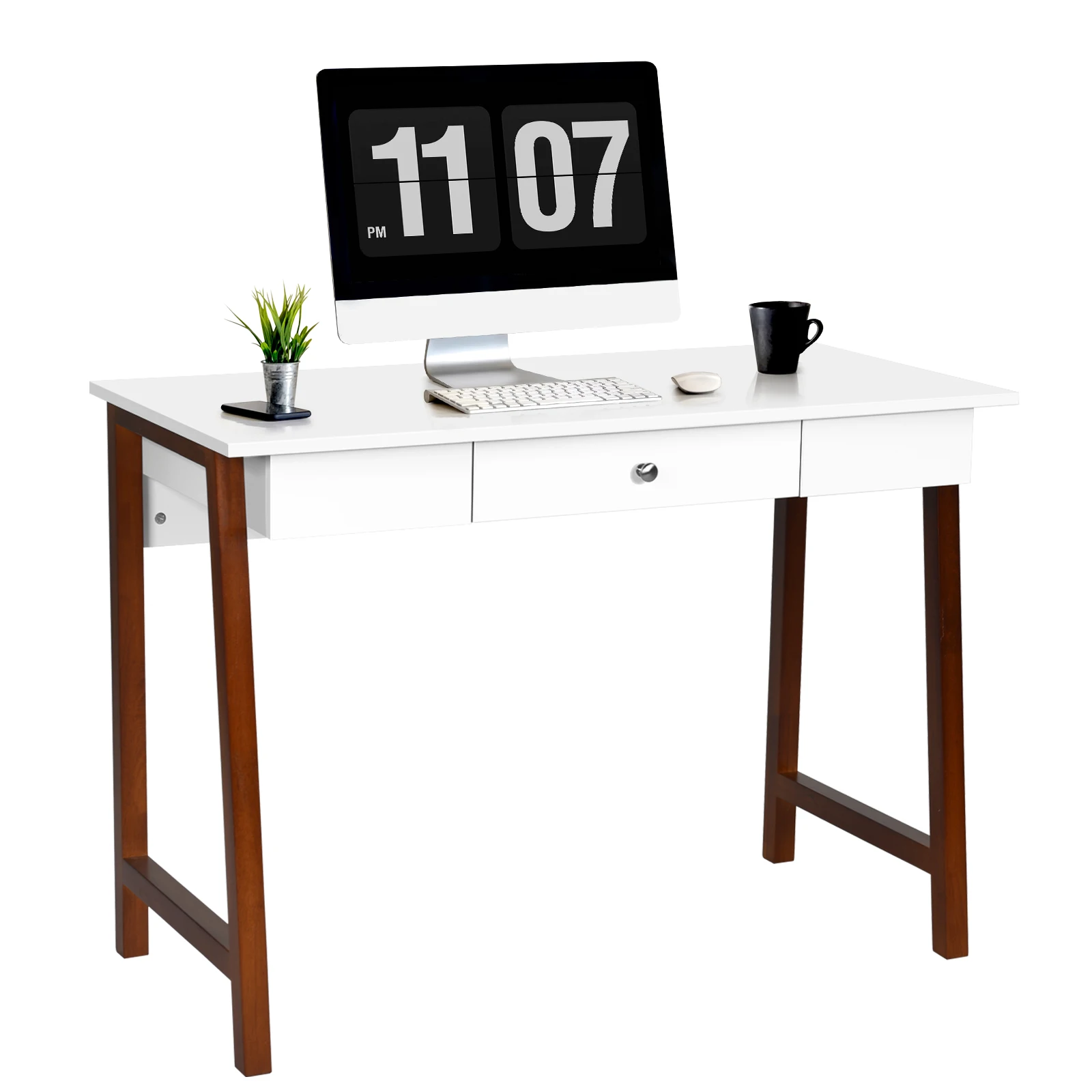 Desk with Drawer, Small Computer table dressing table wood table office table for office Study, White/Brown