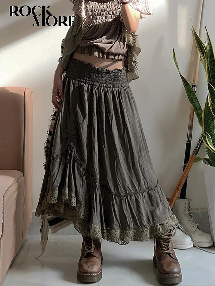 

Rockmore Vintage Grunge Fairycore Long Skirt High Waist Y2K Aesthetics Party A-line Pleated Lace Maxi Skirts Harajuku Mori Girls