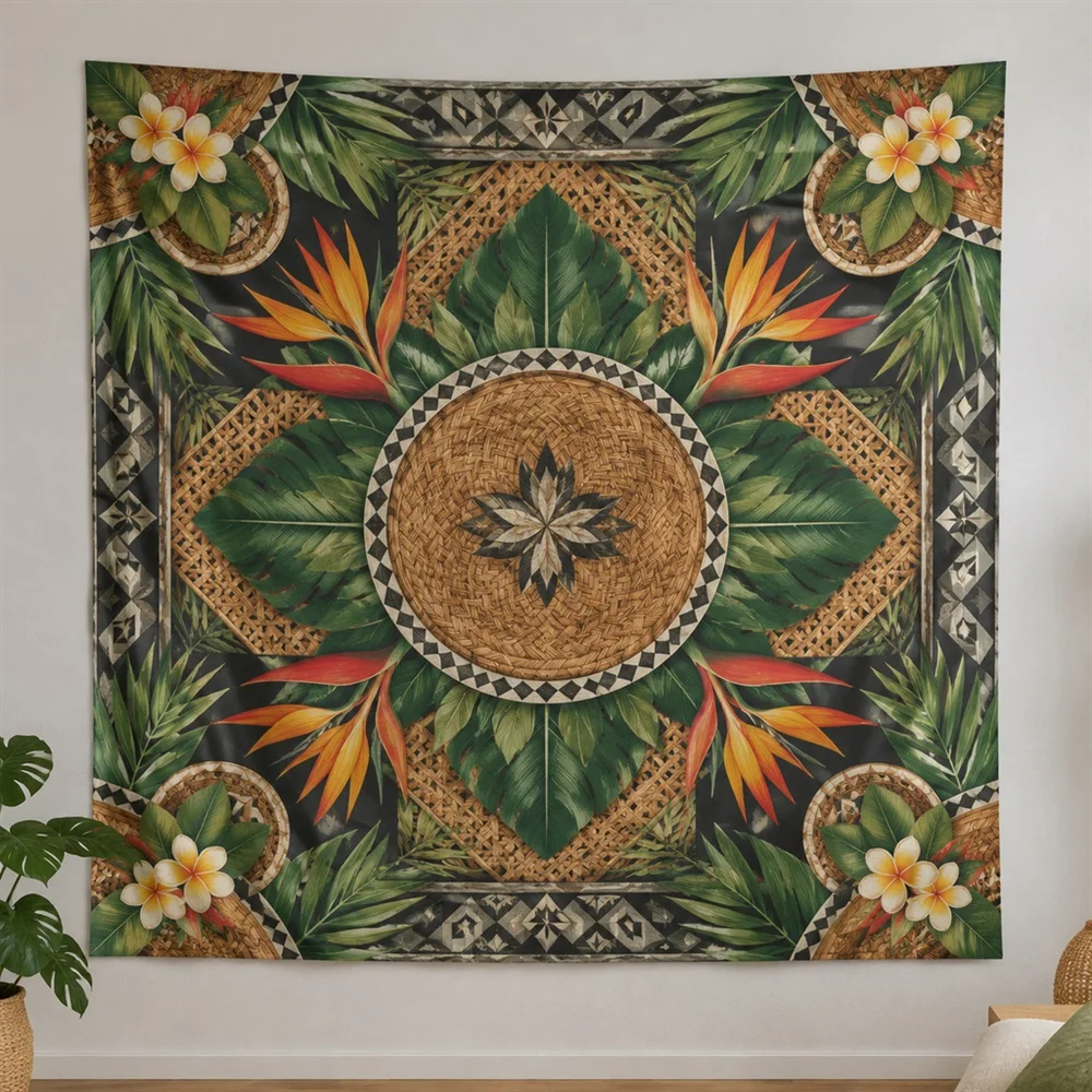 VIKAMA Rattan Weave Pattern Corner Motif Tapestry Wall Hanging, Tropical Wall Decor Tapestries for Bedroom Nursery Kids Room