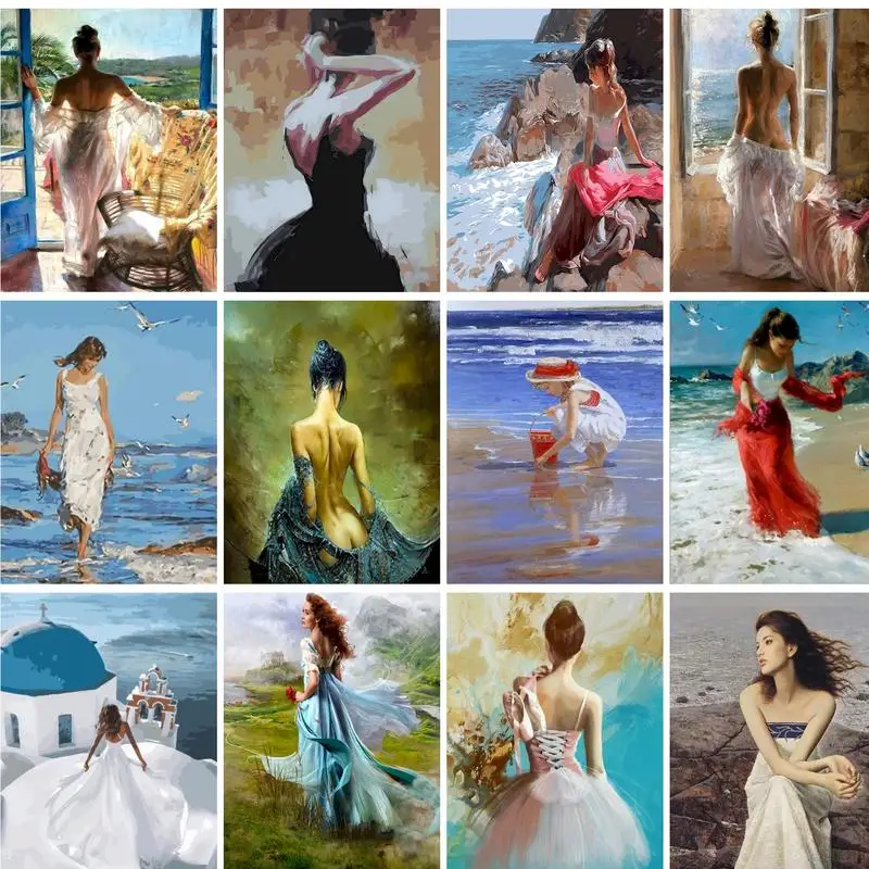 

GATYZTORY 60x75cm Painting by numbers Girl looking at the sea Landscape Paint By Numbers Frame Home Decor Digital Painting On Ca
