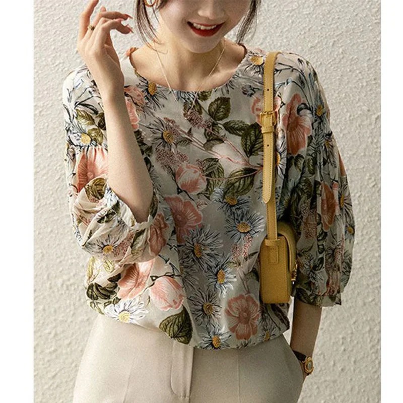 

Vintage Printed Shirring Bandage Folds Lantern Sleeve Blouse Women Clothing 2023 Summer New Loose Casual Pullovers Korean Shirt