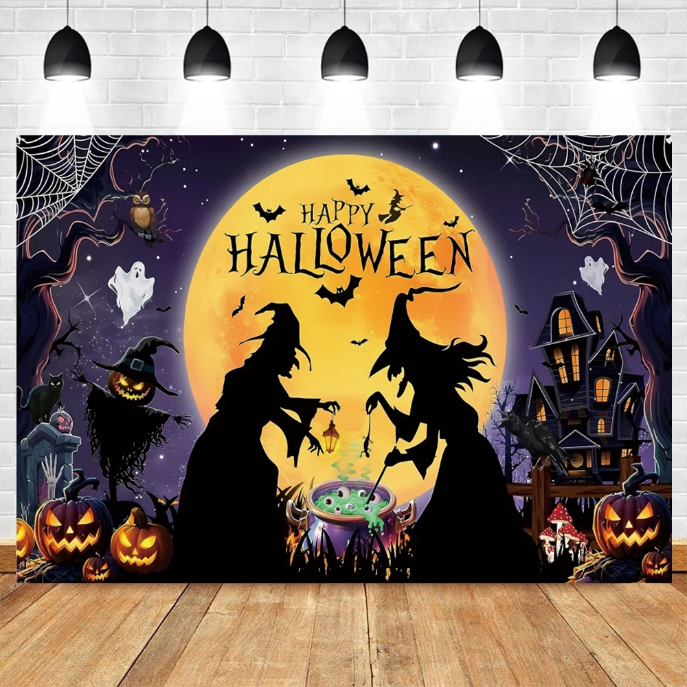 Halloween Eve Photography Background Horror Night Forest Castle Moon Scary Pumpkin Skeleton Family Party Backdrop Photo Props