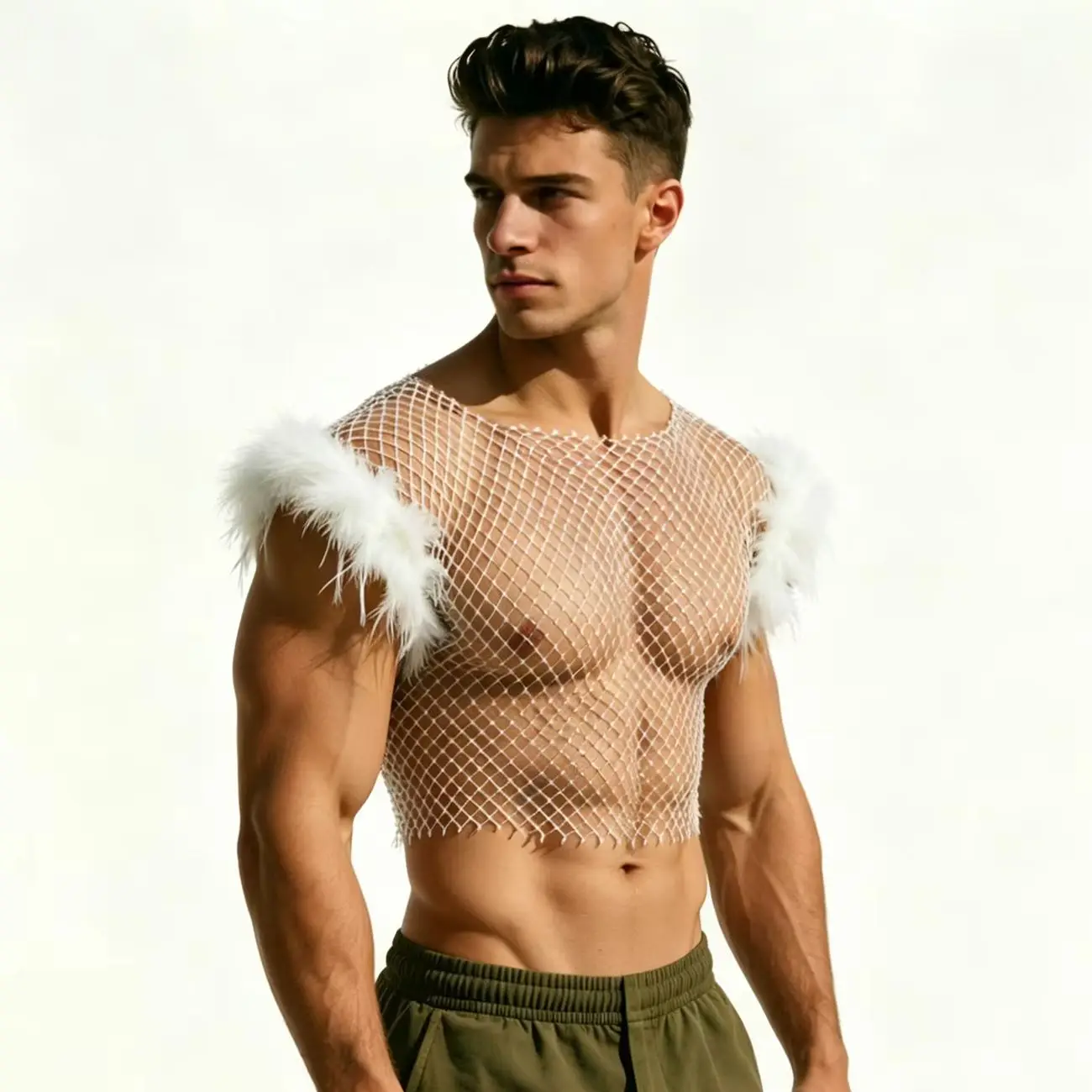 

Men Sexy Mesh Rhinestone Crop T-Shirt Plush Trim Transparent Fishnet Top Rave Tank Party Performance See Through Sleeveless Tee