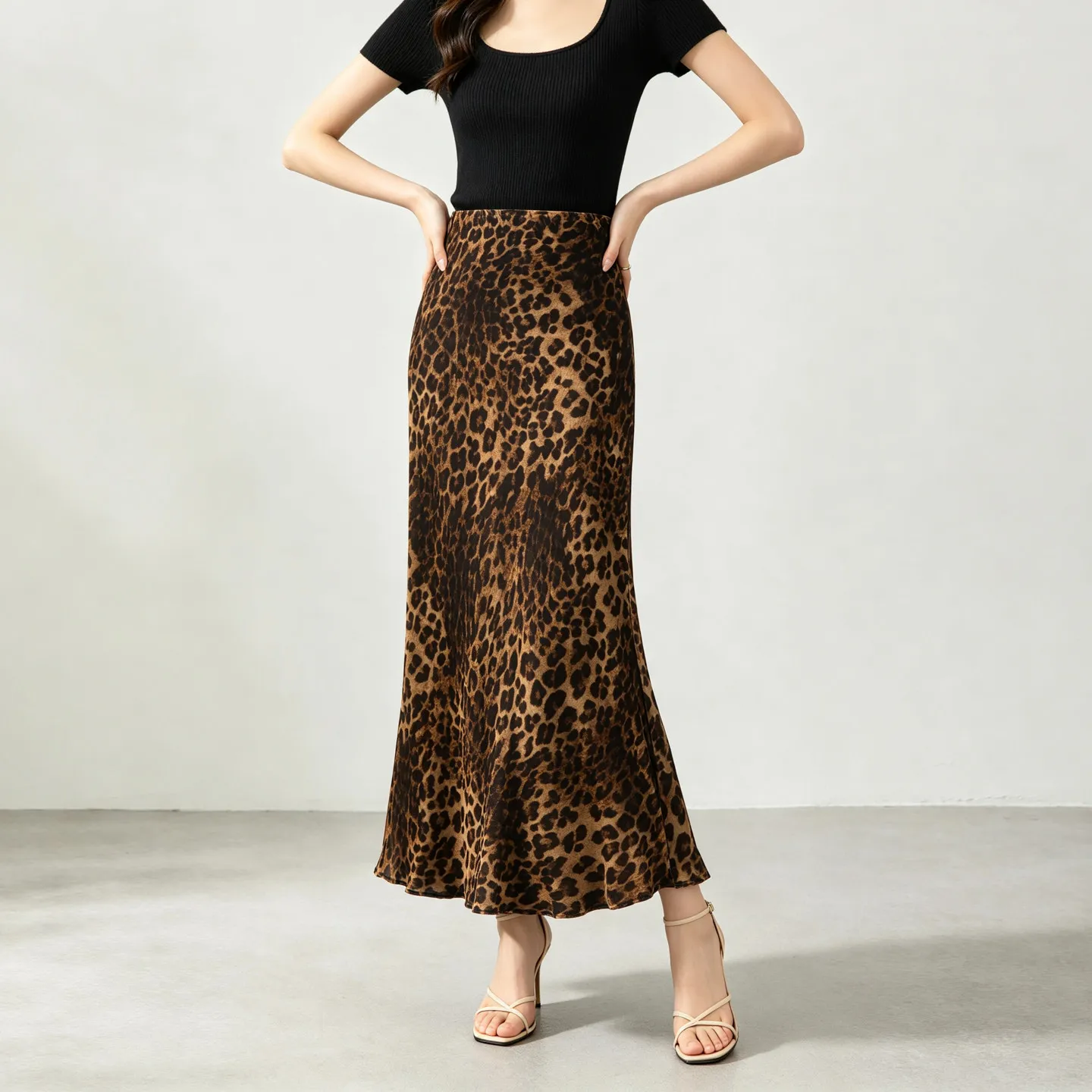 Winsleter-Silk Velvet Elegant Skirts, Elastic Waist Leopard, Women French Retro Temperament Trumpet Skirt, 2026 Autumn B68504CC