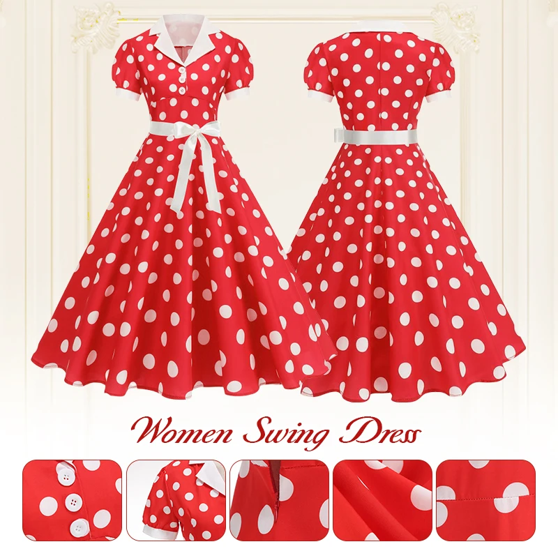 Vintage Polka Dot Sommerkleid Damen 1950er 60er Jahre Kerbkragen Kurzarm Gürtel Elegante Retro Kleidung Party Casual Kleid Neu