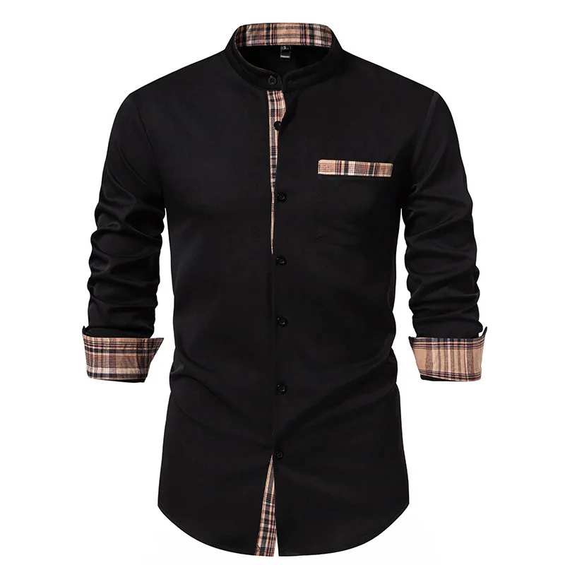 Foreign Trade 2024 Spring New European Size Men's Trendy Standing Collar Henley Shirt Plaid Color Block Long Sleeved Shirt