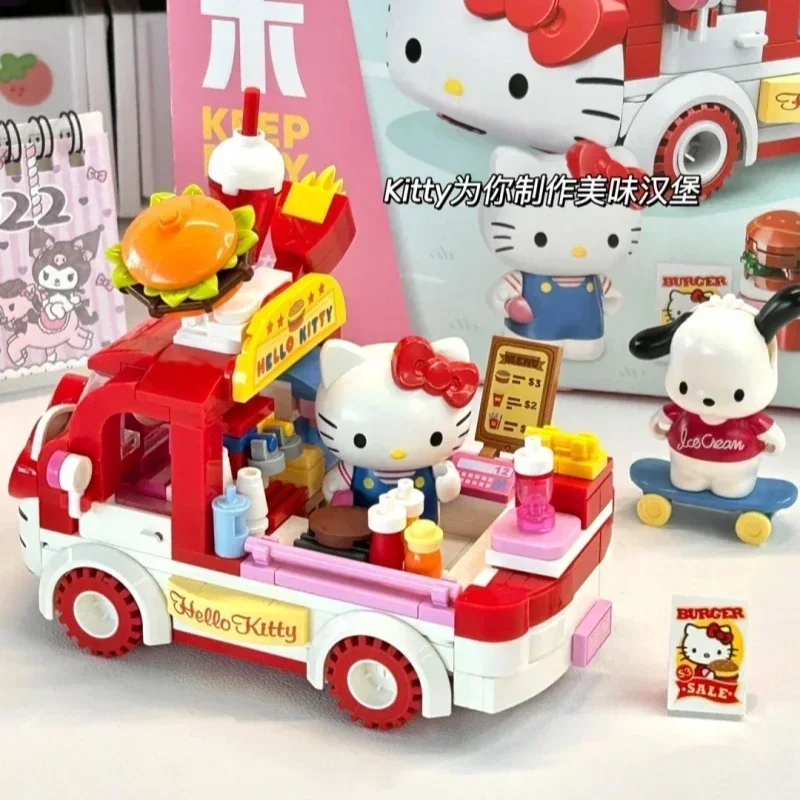 Keeppley Building Blocks Sanrio Hello Kitty Pochacco Burger Car Model Cinnamoroll Pompom Purin Splicing Ornaments Toys Gifts