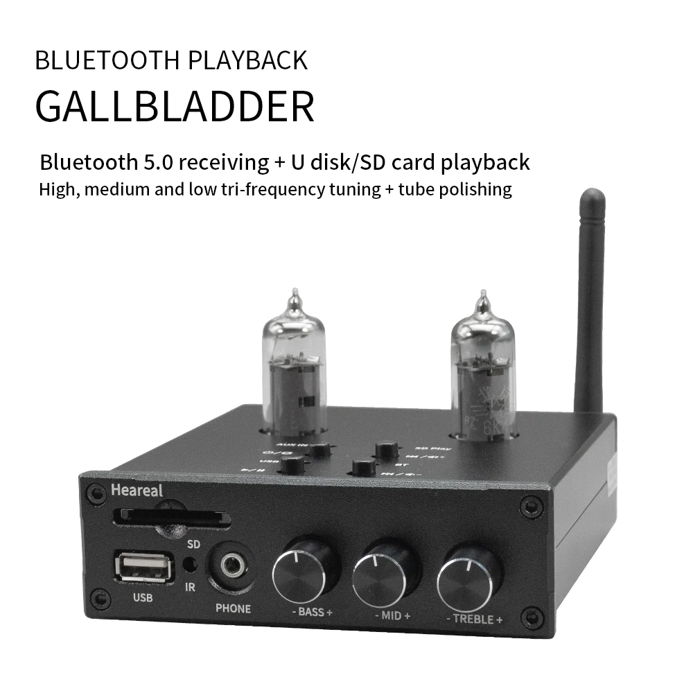 Remote Control HiFi Bluetooth 5.0 6J5 / 6K4 Tube Preamp Earphone Audio Amplifier With Treble Bass Ajustment USB SD Input