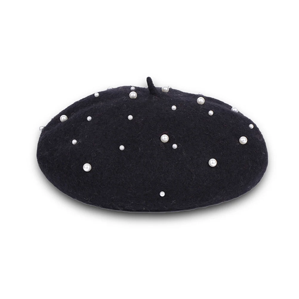 

Fashion Girls Beret Women Warm Headdress Wool Pearl Hat Black Elegant Headwear Lightweight Portable Fall Winter Outfit