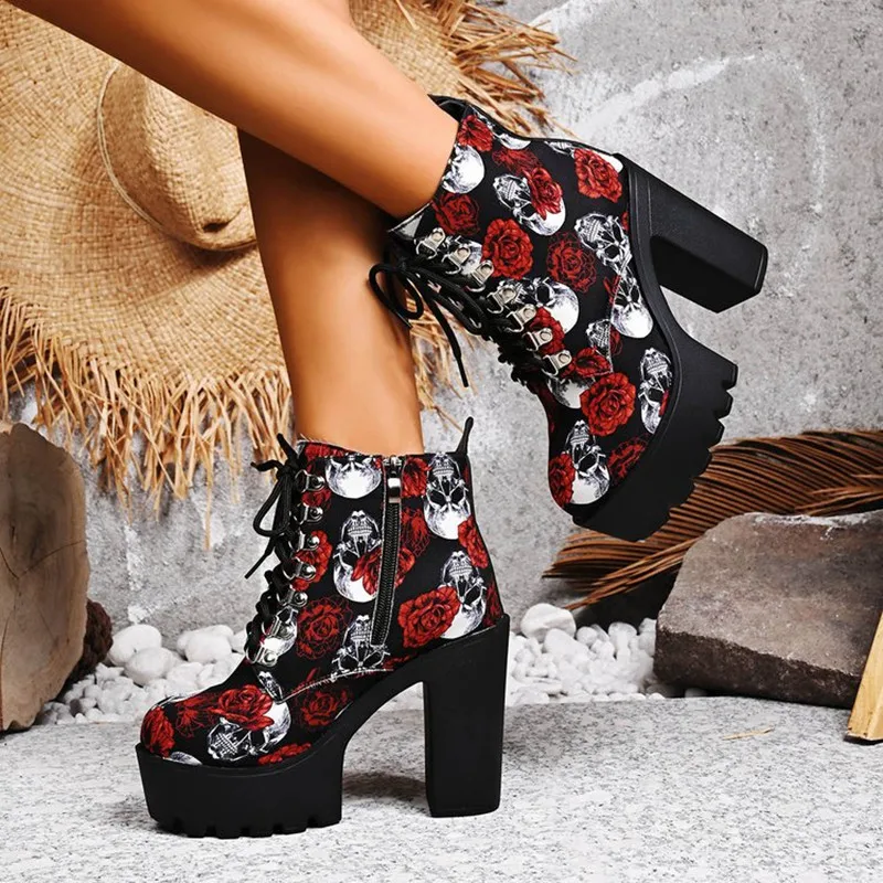 جديد مطبوعة سميكة سوليد أحذية بوت قصيرة جولة تو الجبهة الدانتيل متابعة لينة وحيد عدم الانزلاق كعب سميك كعب جلد حذاء بوت بطول الكاحل بوتاس موهير #1