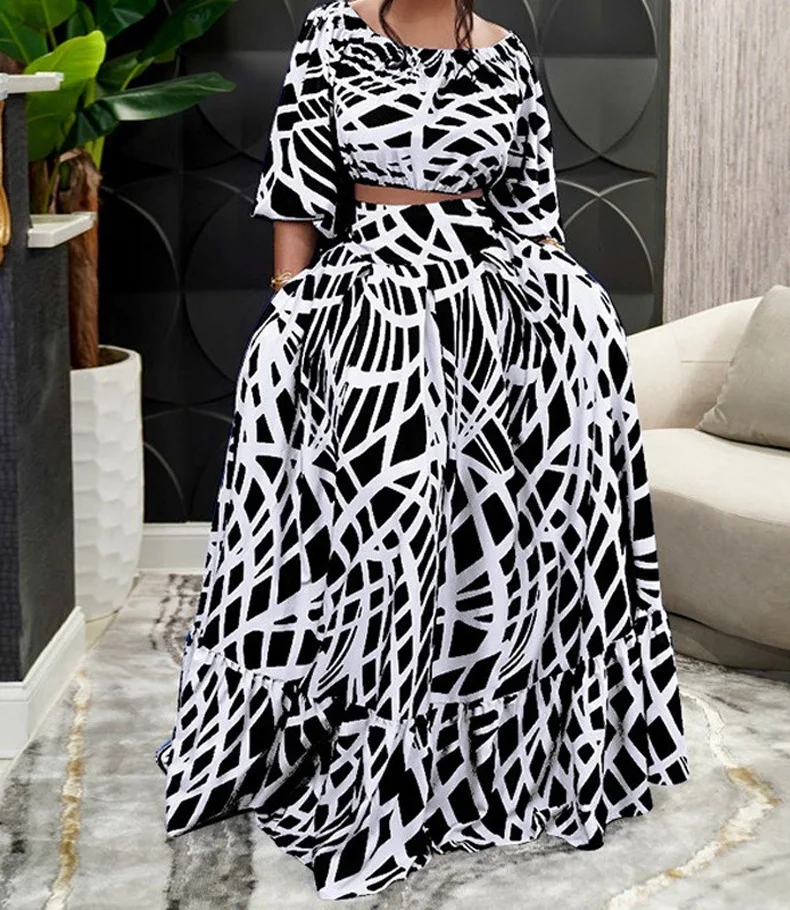 Autumn Women's Suit Half Sleeve Printed Short Jacket And Loose Skirt Sets Temperament Elegant Lady Comfortable Two-Piece Set