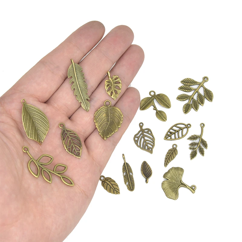 16pcs Mixed Antique Bronze Tree Leaf Plant Charms Alloy Metal Filigree Leaves Pendants For DIY Bracelet Necklace Jewelry Making