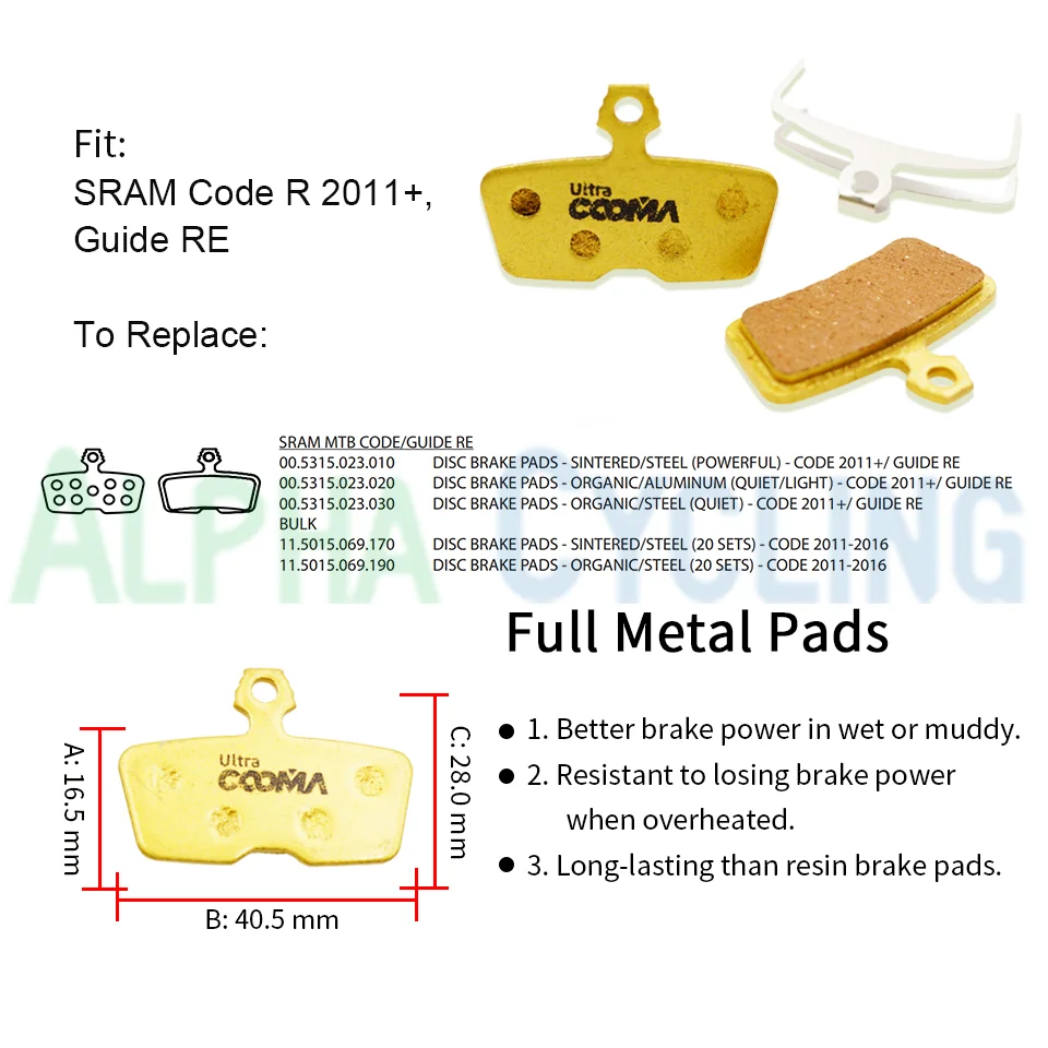 Fiets Schijfremblokken Voor Sram Code 2011 +/Gids Re, Code R Remklauwen, ultra Full Metal, 4 Pairs Voor 4 Remklauwen