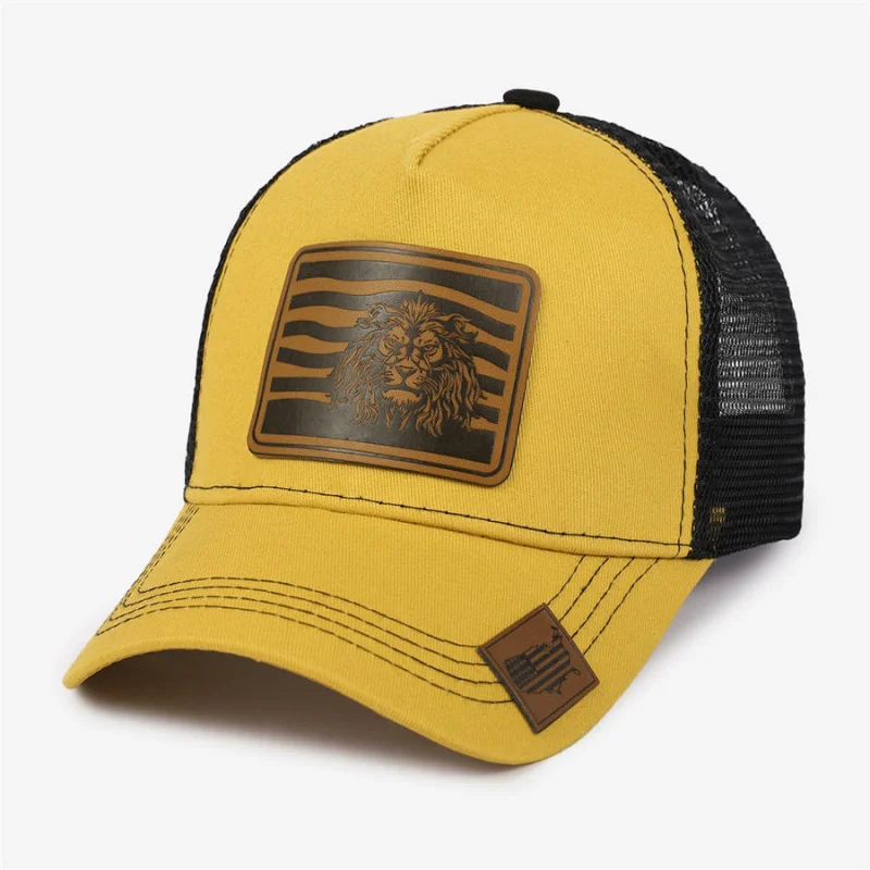 New Leather Label Lion Mesh Cap Men's Trucker Hat Baseball Cap Unisex Sun Protection Casual Sunshade Hat In Stock