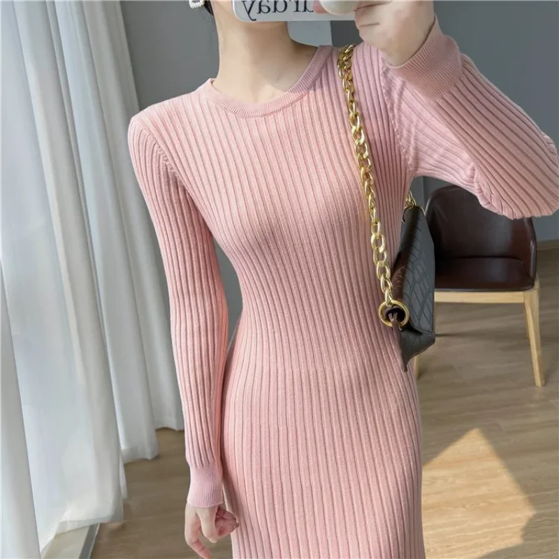 Knitting Midi Dress Women Ruffles Long Sleeve O-neck Casual Solid Vestidos De Mujer Temperament Autumn Clothing Korean Fashion