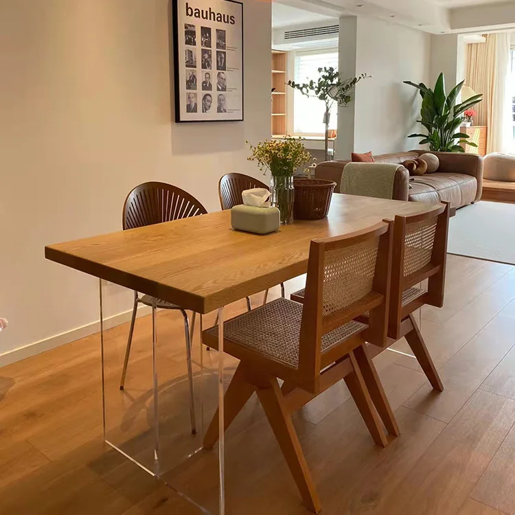 Acrylic solid wood transparent home bakery floating rectangular dining table and chairs