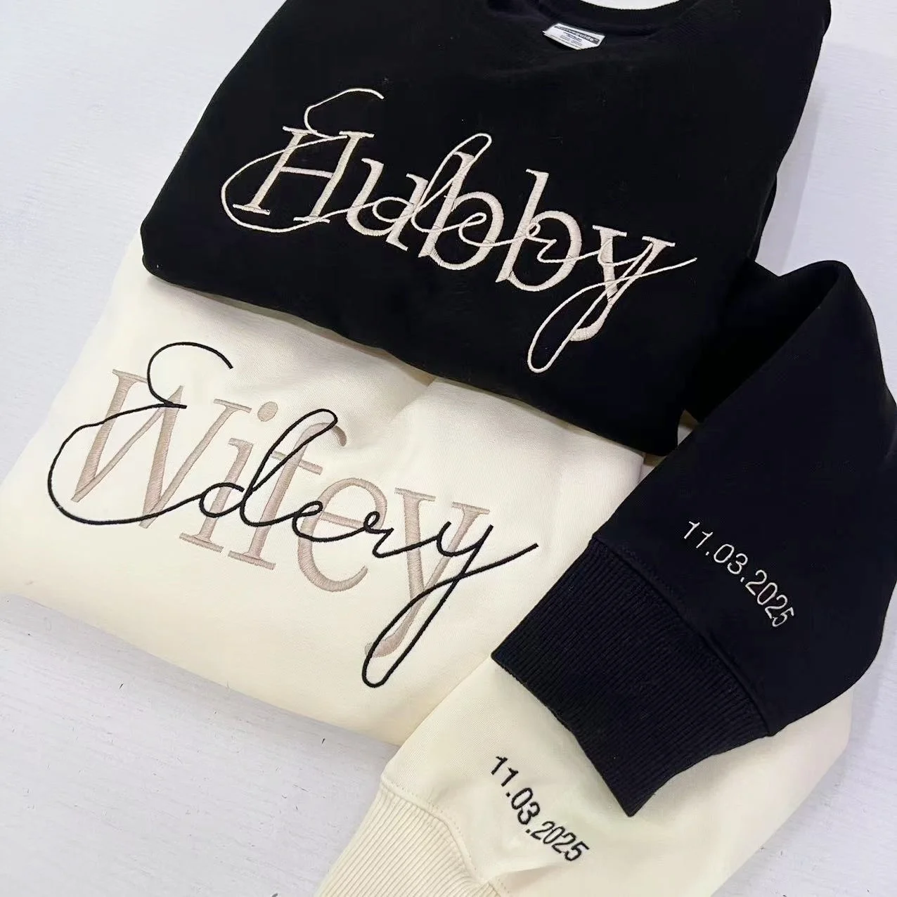 Custom Wifey and Hubby Embroidered Valentine Sweatshirt Matching Couples Personalized Name Mrs and Mrs Unisex Wedding Sweatshirt