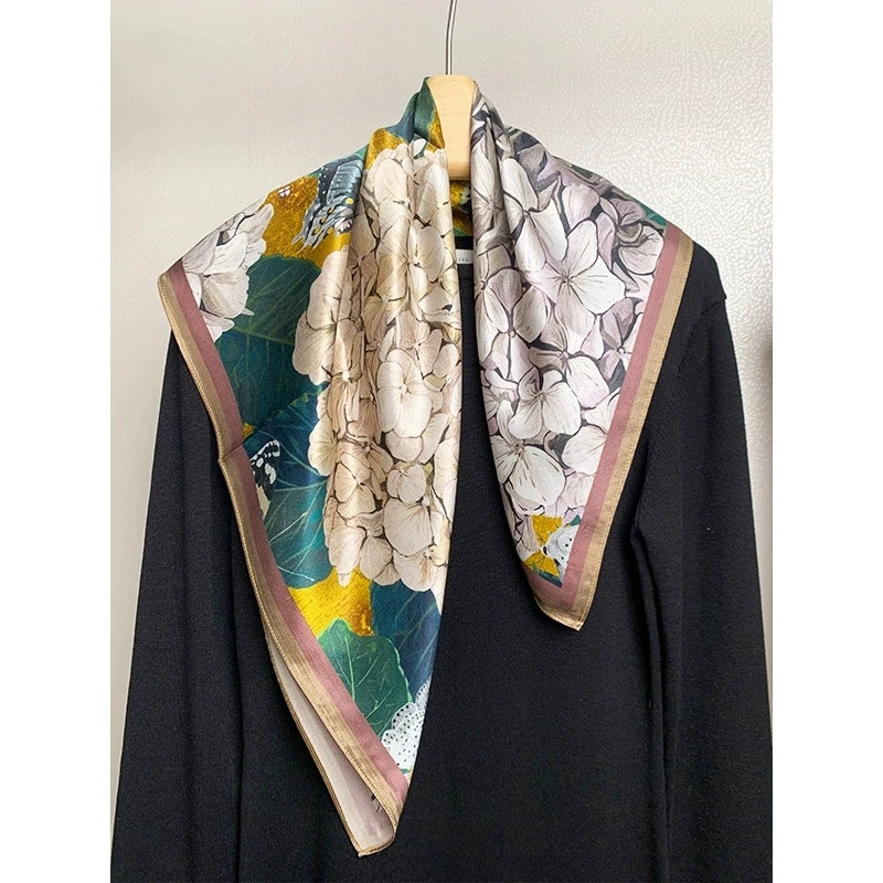 Luxurious Floral 65cm Square Silk Scarf for Women Ins-style High-Grade Mulberry Silk Scarves Neckerchief