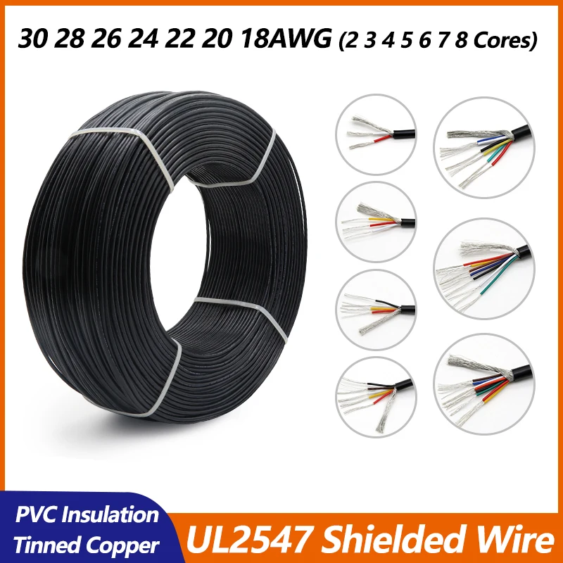 

UL2547 Shielded Wire Signal Cable 30 28 26 24 22 20 18 AWG Channel Audio 2 3 4 5 6 7 8 Core Headphone PVC Copper Control Wires