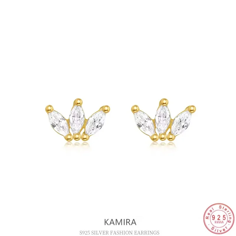KAMIRA 925 Sterling Silver Leaf CZ Flower Stud Earrings for Women Girls Tiny Leaf Dainty Minimalist Elegant  Ear Jewelry