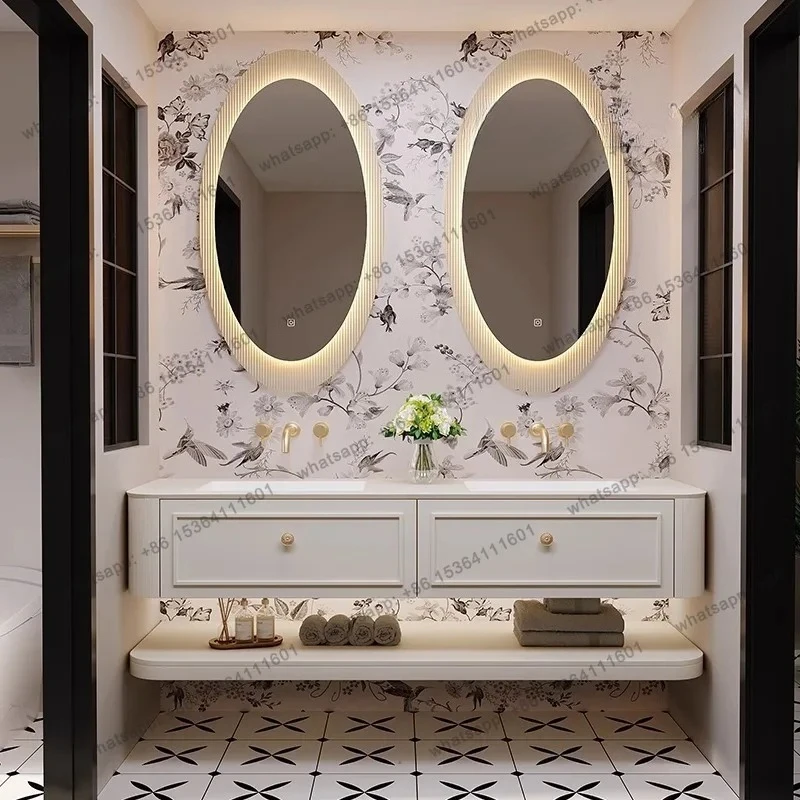 New French bathroom cabinet rock slab seamless integrated basin combination bathroom double basin washstand oak paint